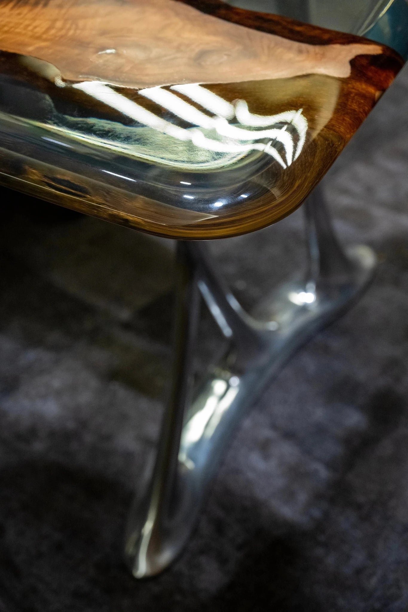 luxury live edge desk solid walnut wood epoxy resin river cast aluminum leg attachment executive office hardware structure