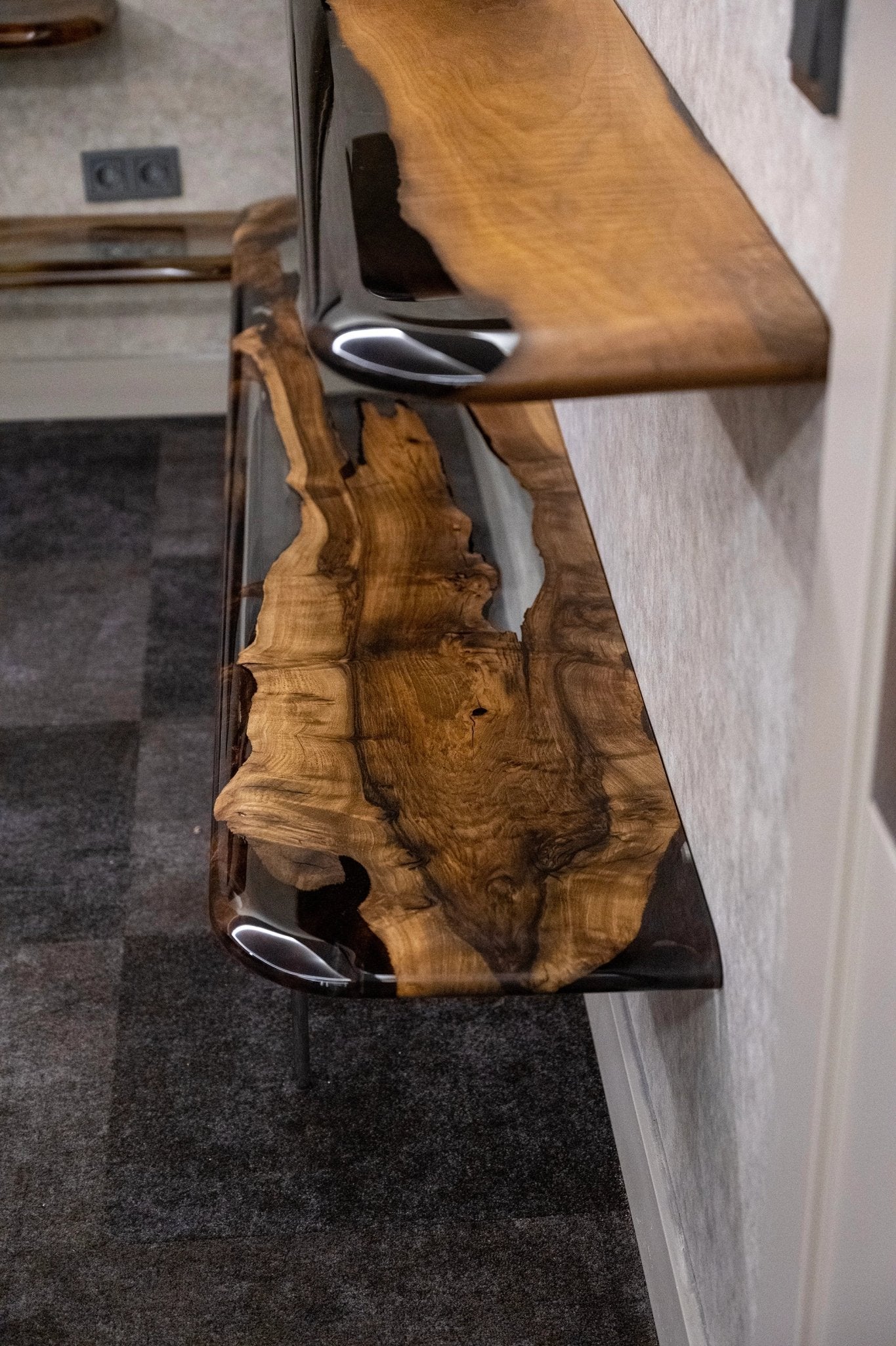 luxury live edge desk walnut wall shelf floating solid wood slab premium custom epoxy resin book displays at Home Man Cave