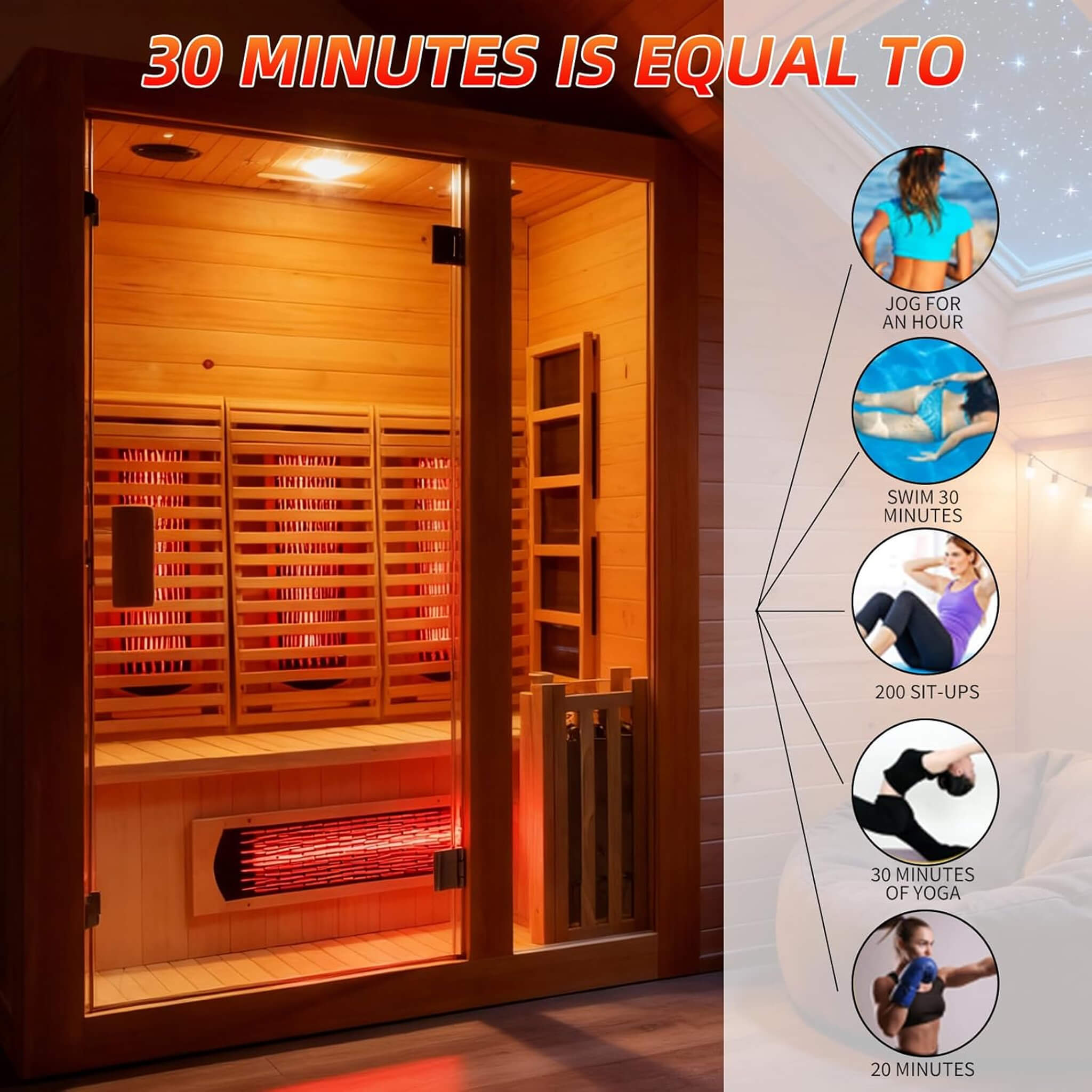 luxury 2-person indoor hybrid sauna 30 minutes thermal routine health benefits detoxification stress relief rejuvenation