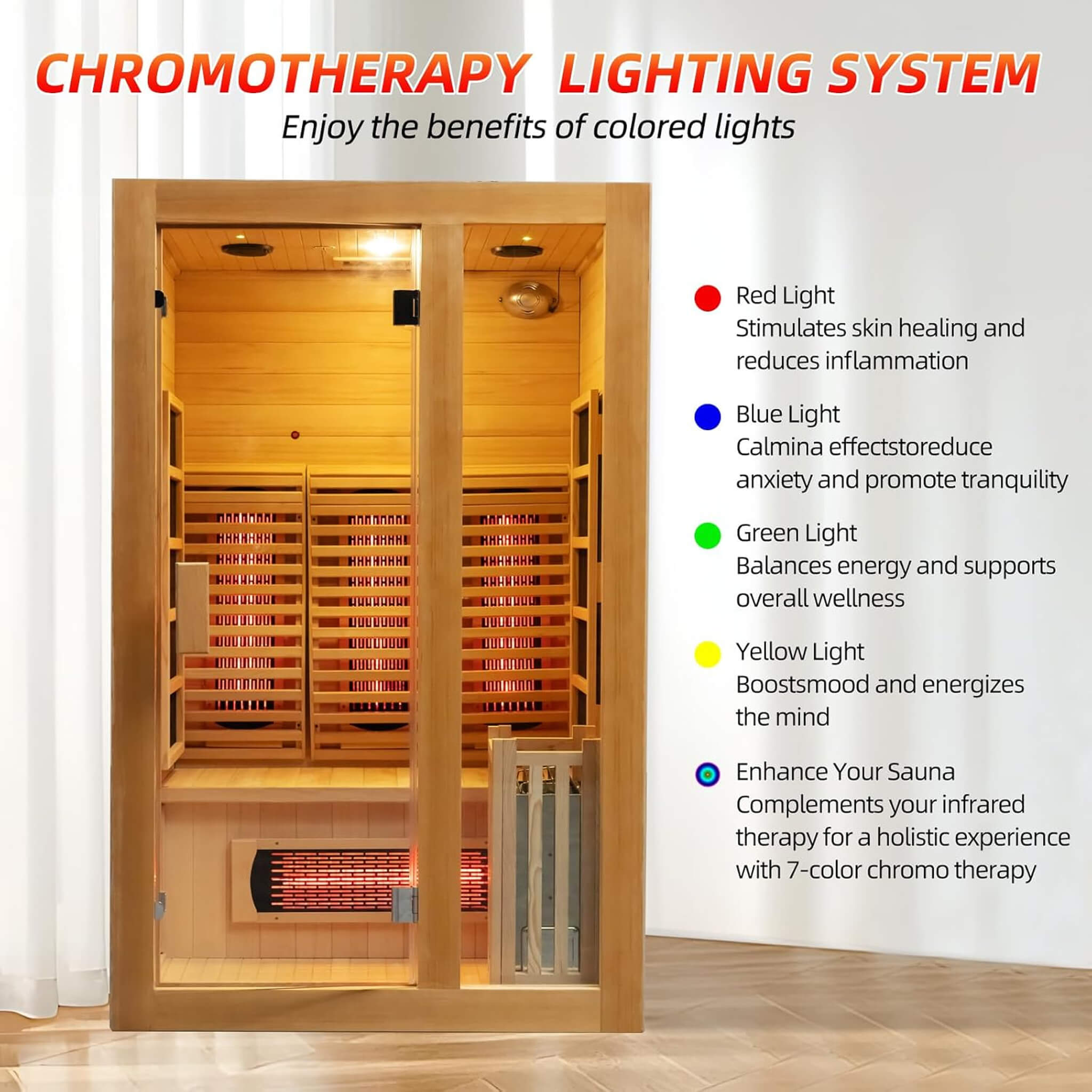 luxury 2-person indoor hybrid sauna 7 color chromotherapy lighting system smart ambiance control elite wellness refuge room