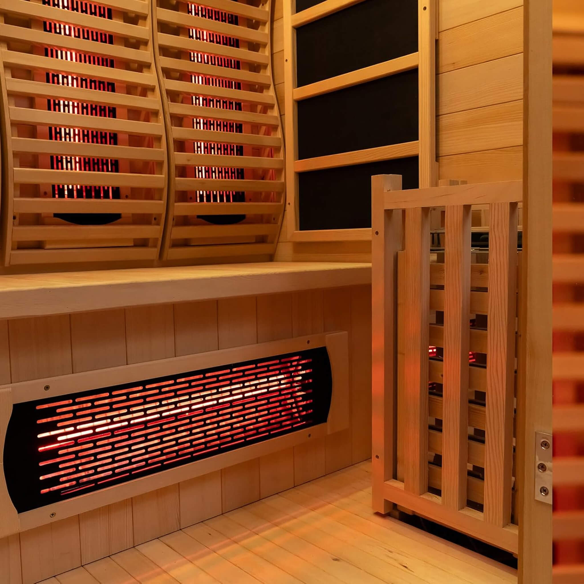 luxury 2-person indoor hybrid sauna low level carbon fiber heating panel red light therapy element safety wood heater guard