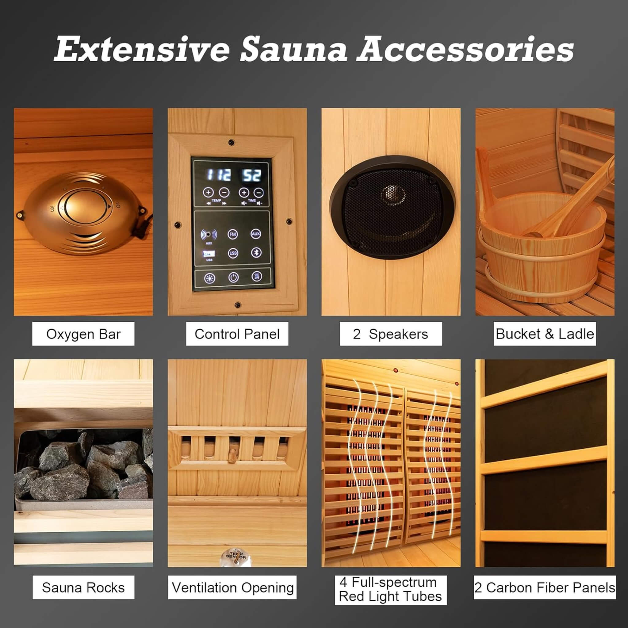 luxury 2-person indoor hybrid sauna premium wellness accessories sand timer wooden bucket ladle thermal stones home oasis