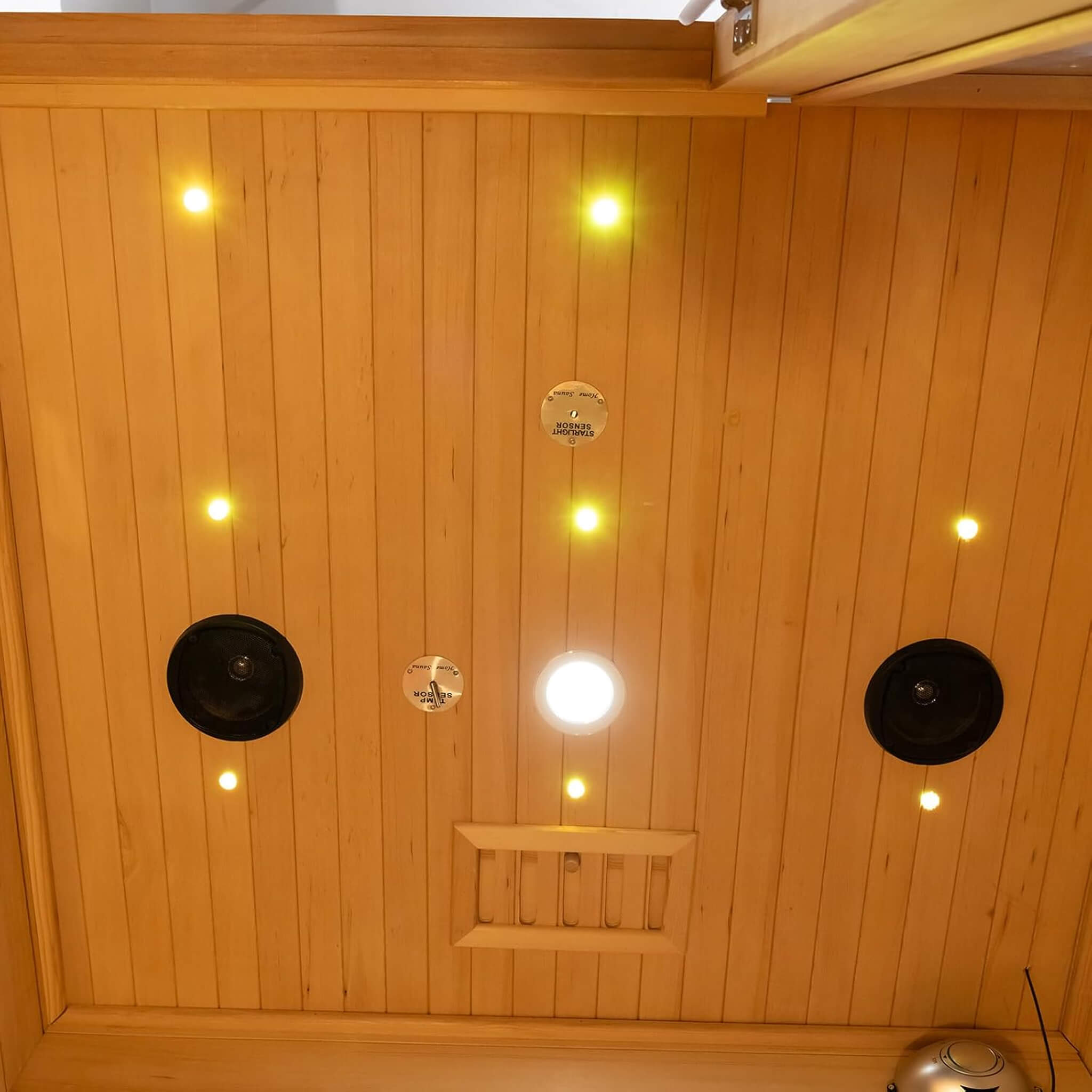 luxury 2-person indoor hybrid sauna ceiling integrated speaker audio system chromotherapy light node roof ventilation port