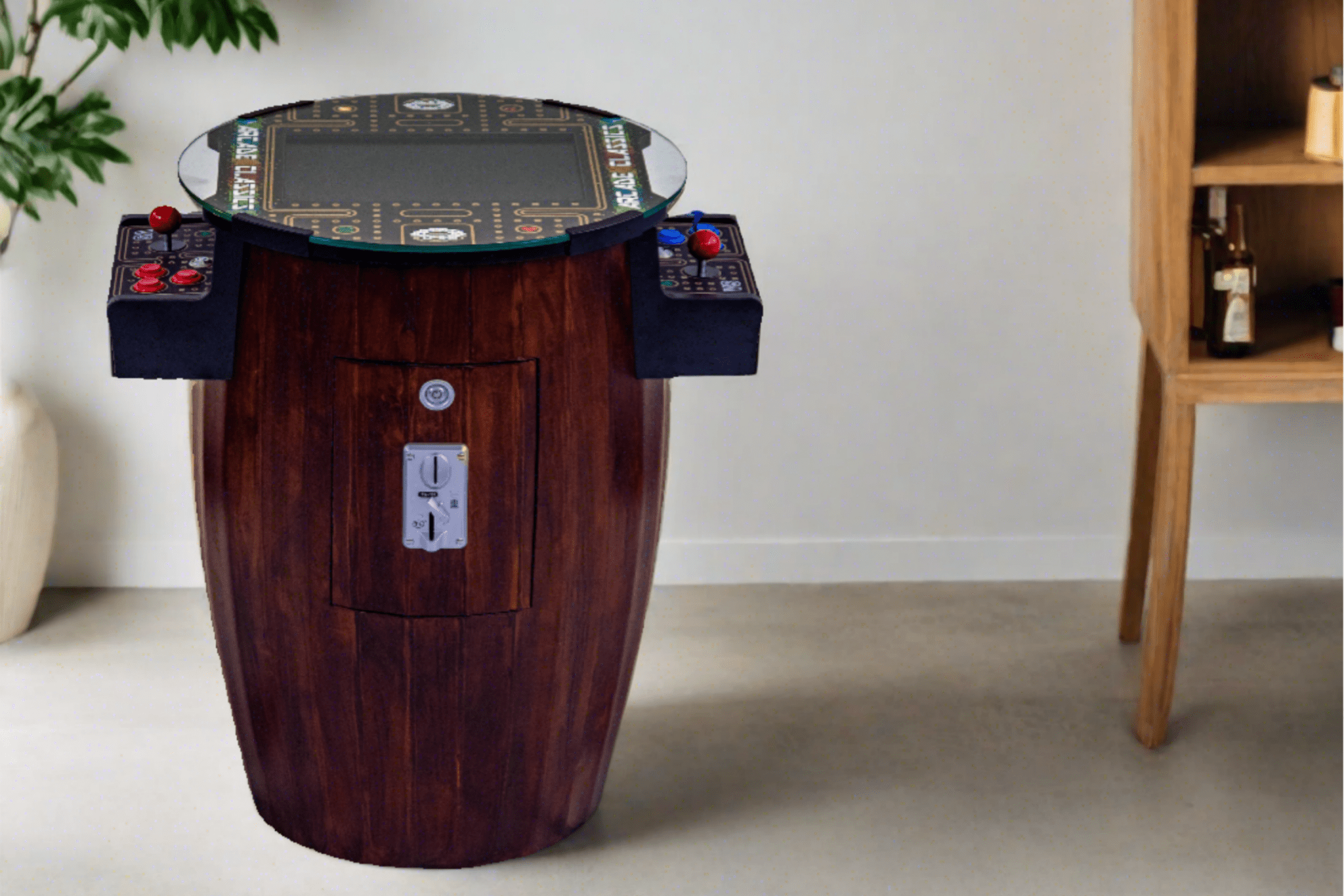 Luxury barrel arcade game highlights an artisan-crafted classic wood console for architectural home lounges at Home Man Cave