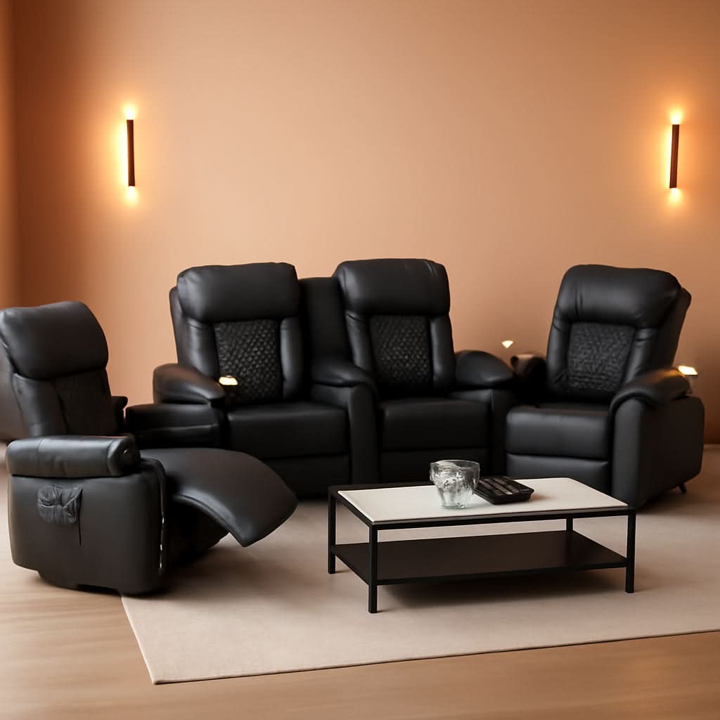 Massage recliner sofa set black 3-piece in living room at Home Man Cave