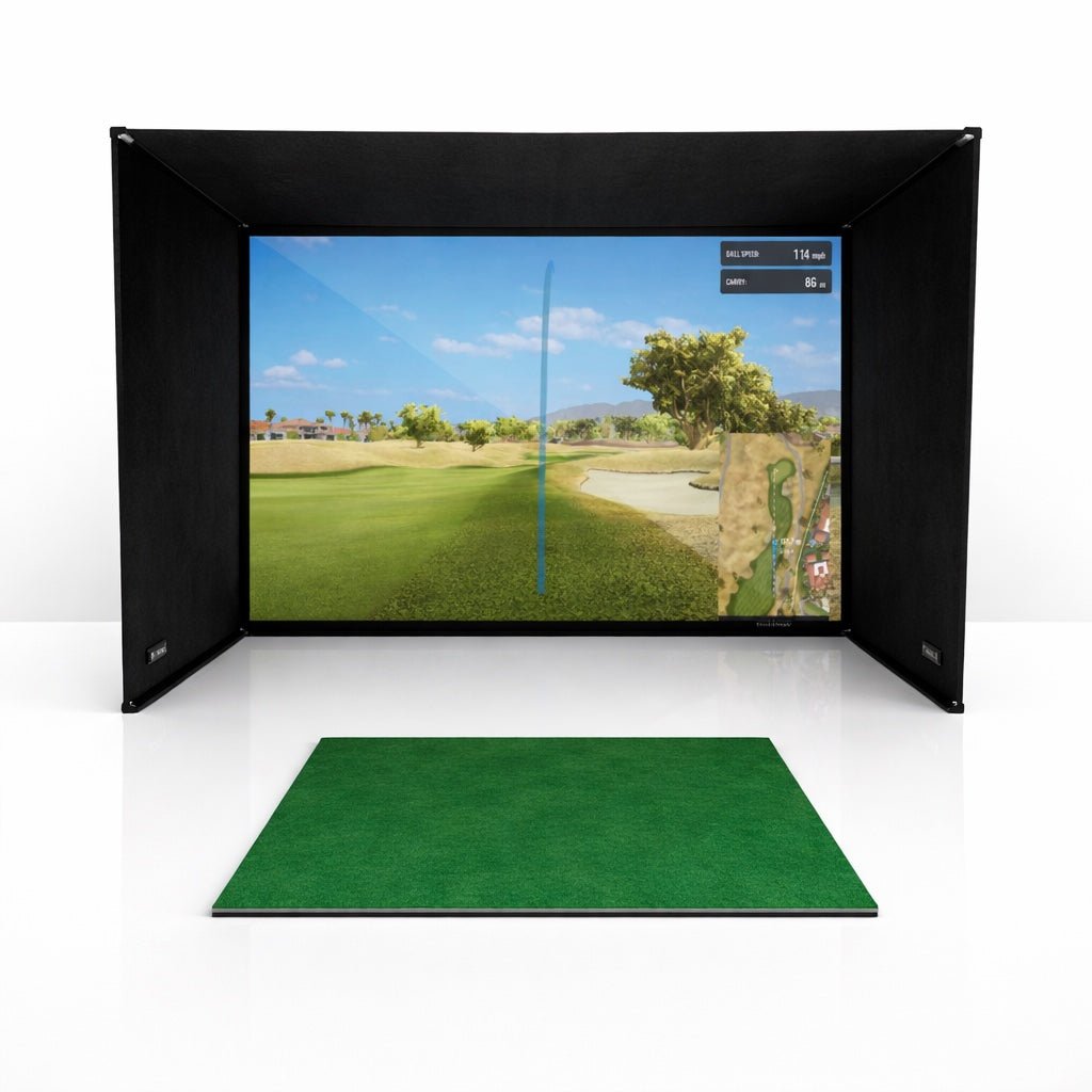 SimBox golf simulator enclosure with impact screen and green mat – home golf bay side view