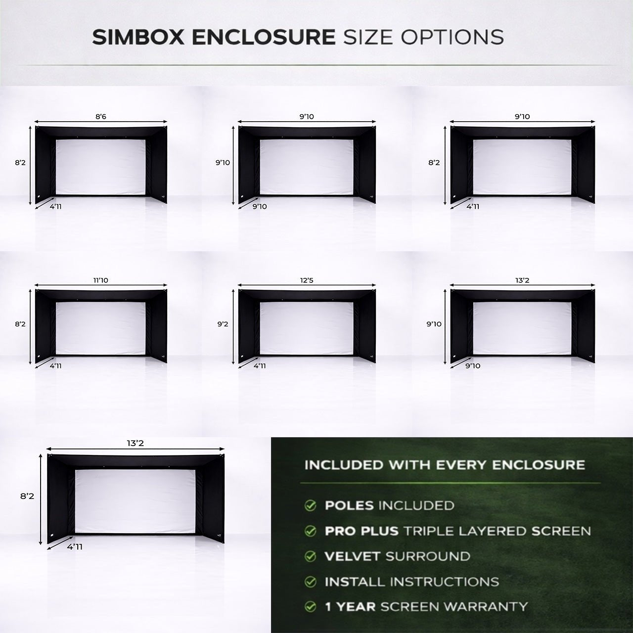 SimBox golf simulator enclosure size comparison chart – 7 sizes available for home installation