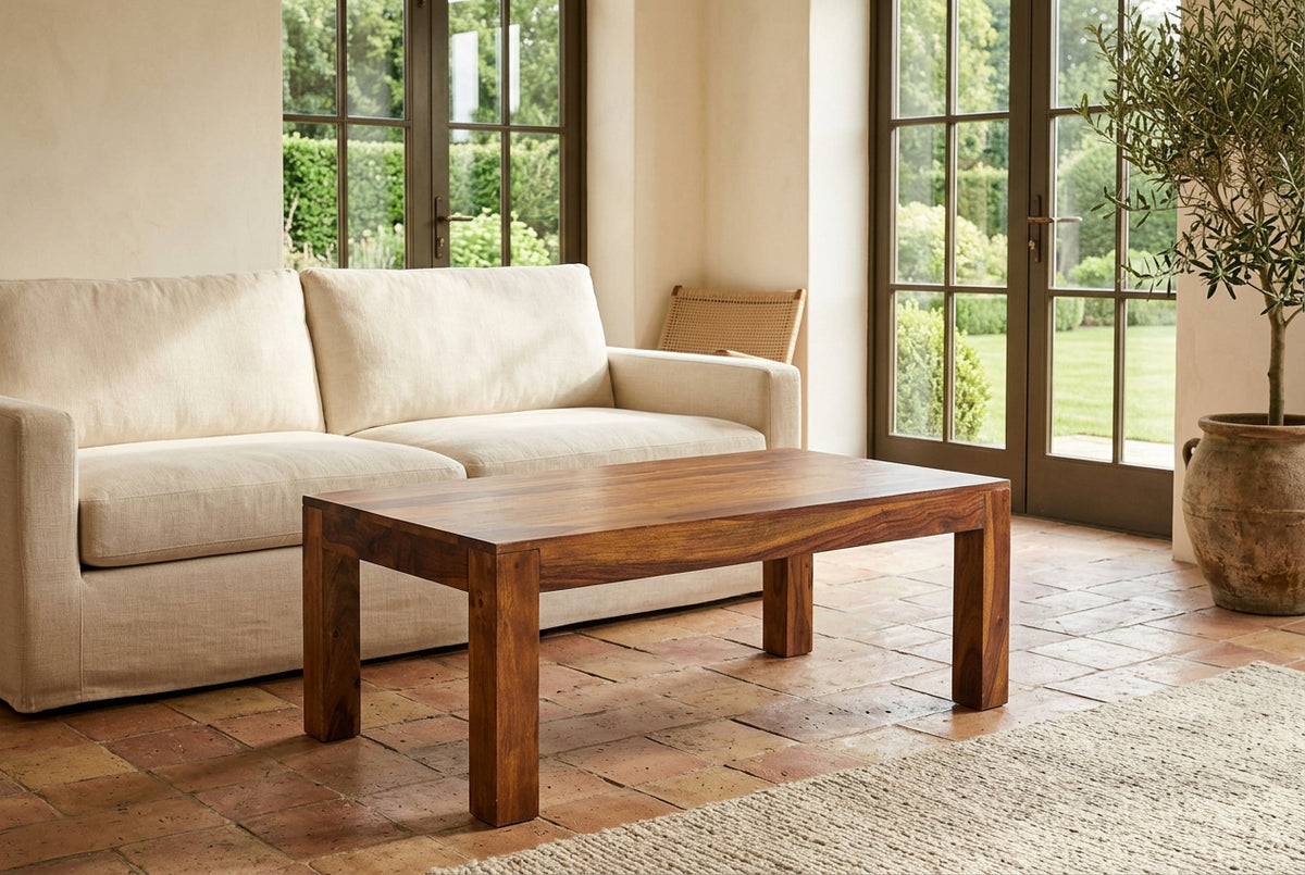 Distinctive rustic sheesham table featuring solid wood construction and clean linear proportions curated at Home Man Cave.
