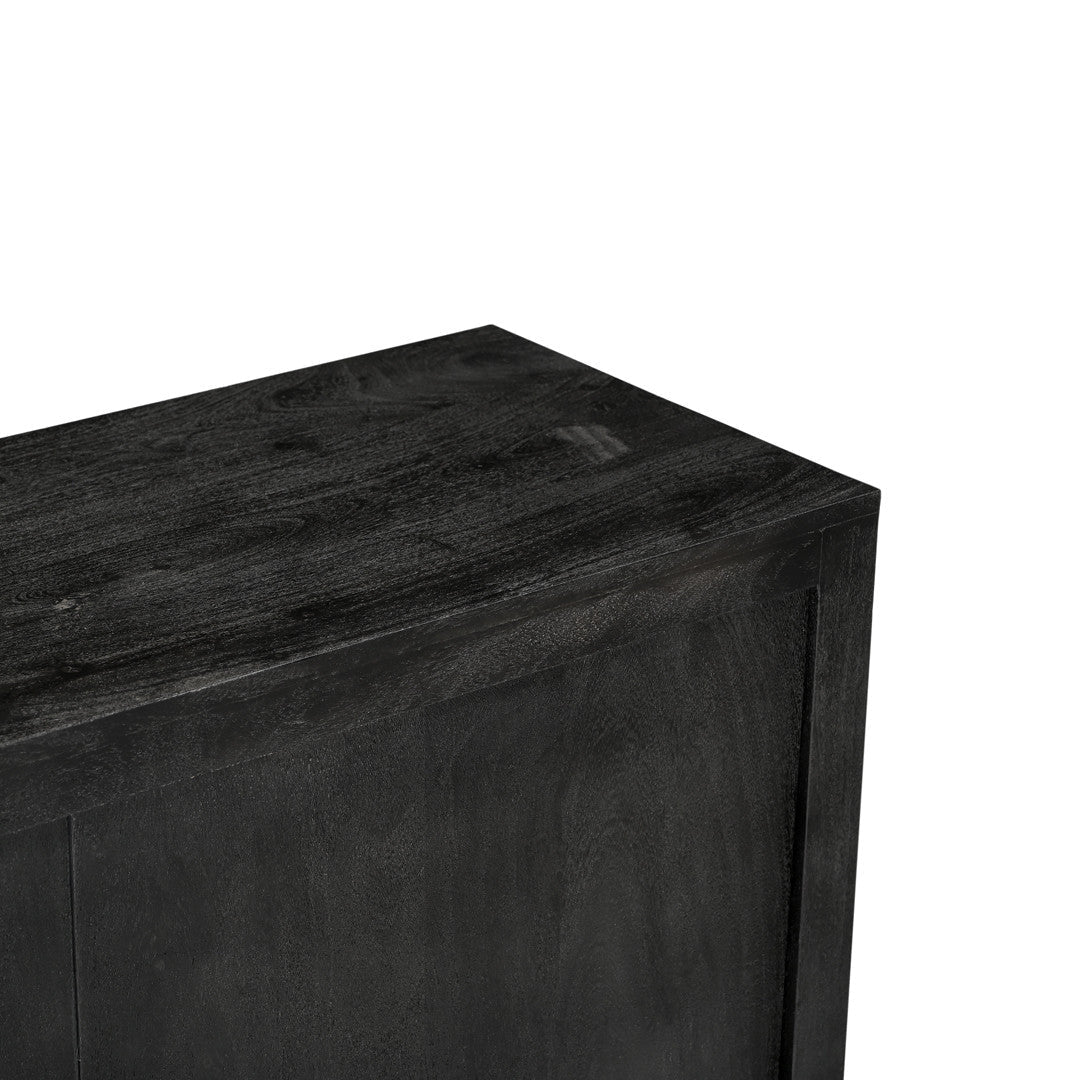 Architectural rustic media console displaying dense solid acacia hardwood graining, subtle texture, and protective sealants.