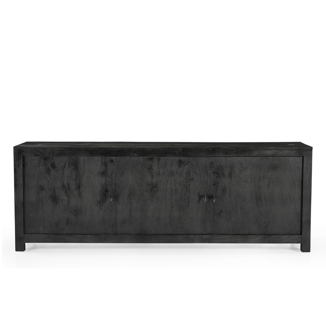 Solid rustic media console featuring three precision-fitted cabinet doors, modern gray stain, and sustainable acacia timber.