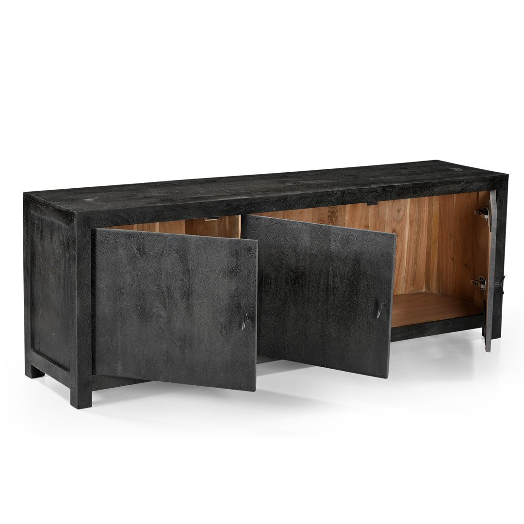 Artisan rustic media console opening to reveal spacious natural acacia timber interior shelving for audio-visual components.