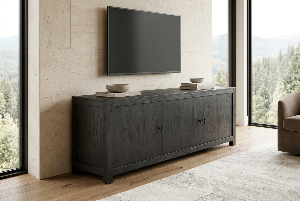 Bespoke rustic media console crafted from solid acacia timber brings architectural elegance to entertainment suites at Home Man Cave.