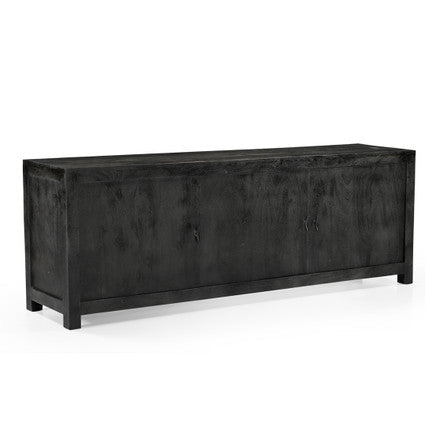 Handcrafted rustic media console engineered with floor-protecting foot caps and low-slung proportions for luxury lounges.