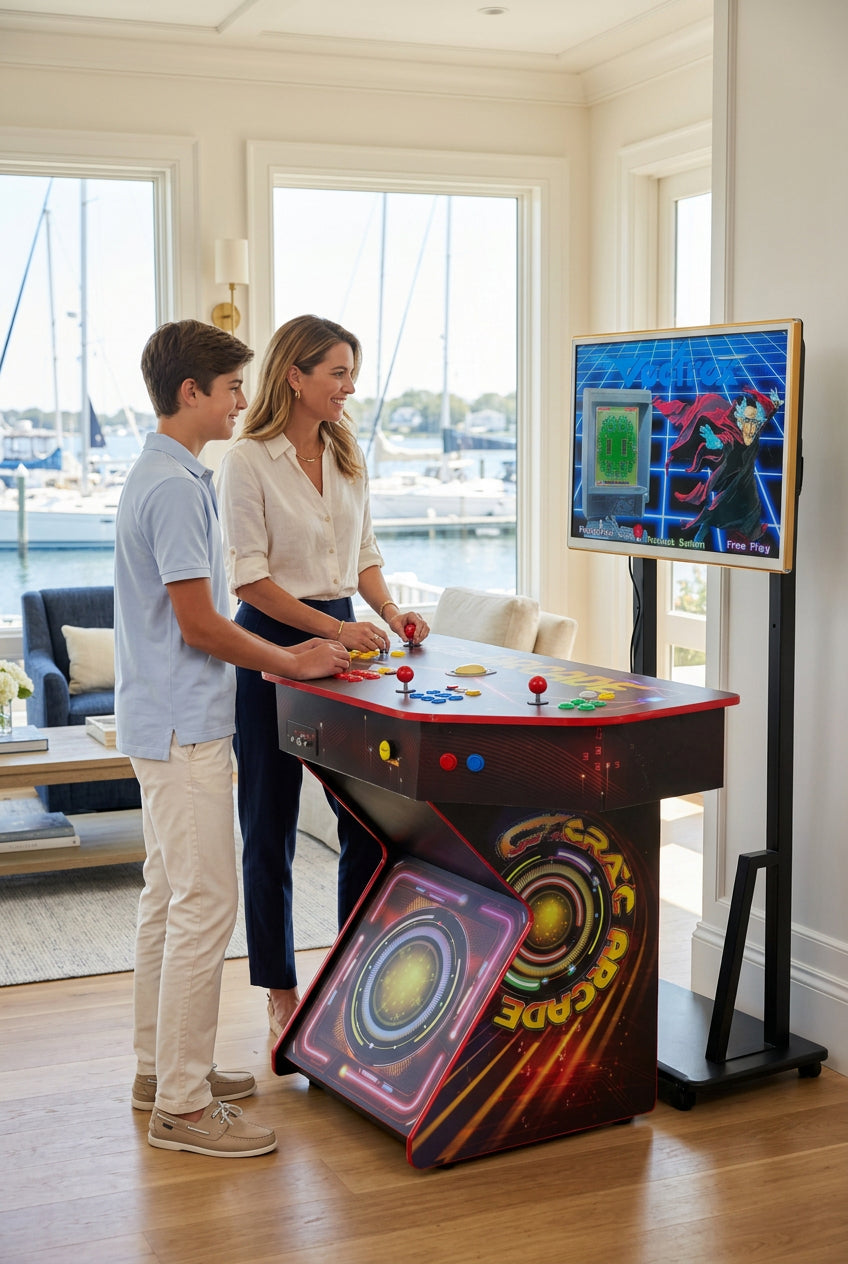 Luxury retro gaming console design defines the Heritage Entertainment Console, an artisan-crafted estate showcase at Home Man Cave.