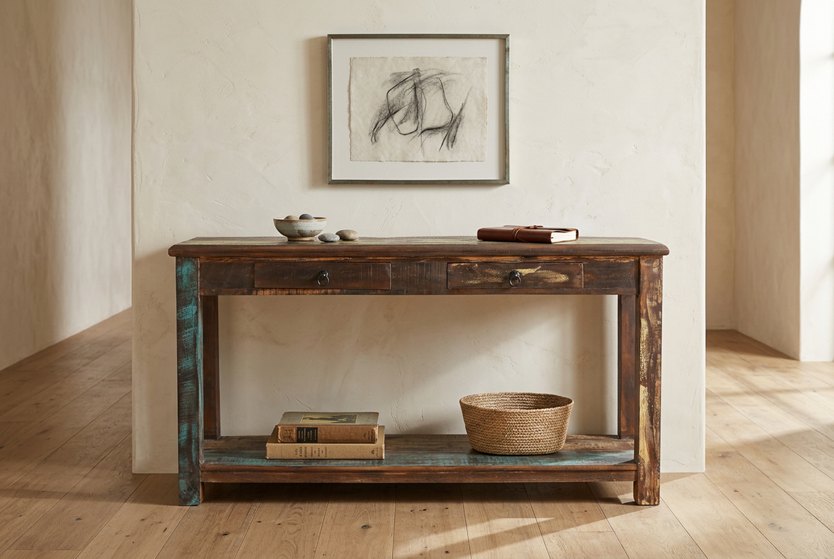 Artisan reclaimed console table framed in solid historic saal timber with hand-forged iron hardware and structural joinery
