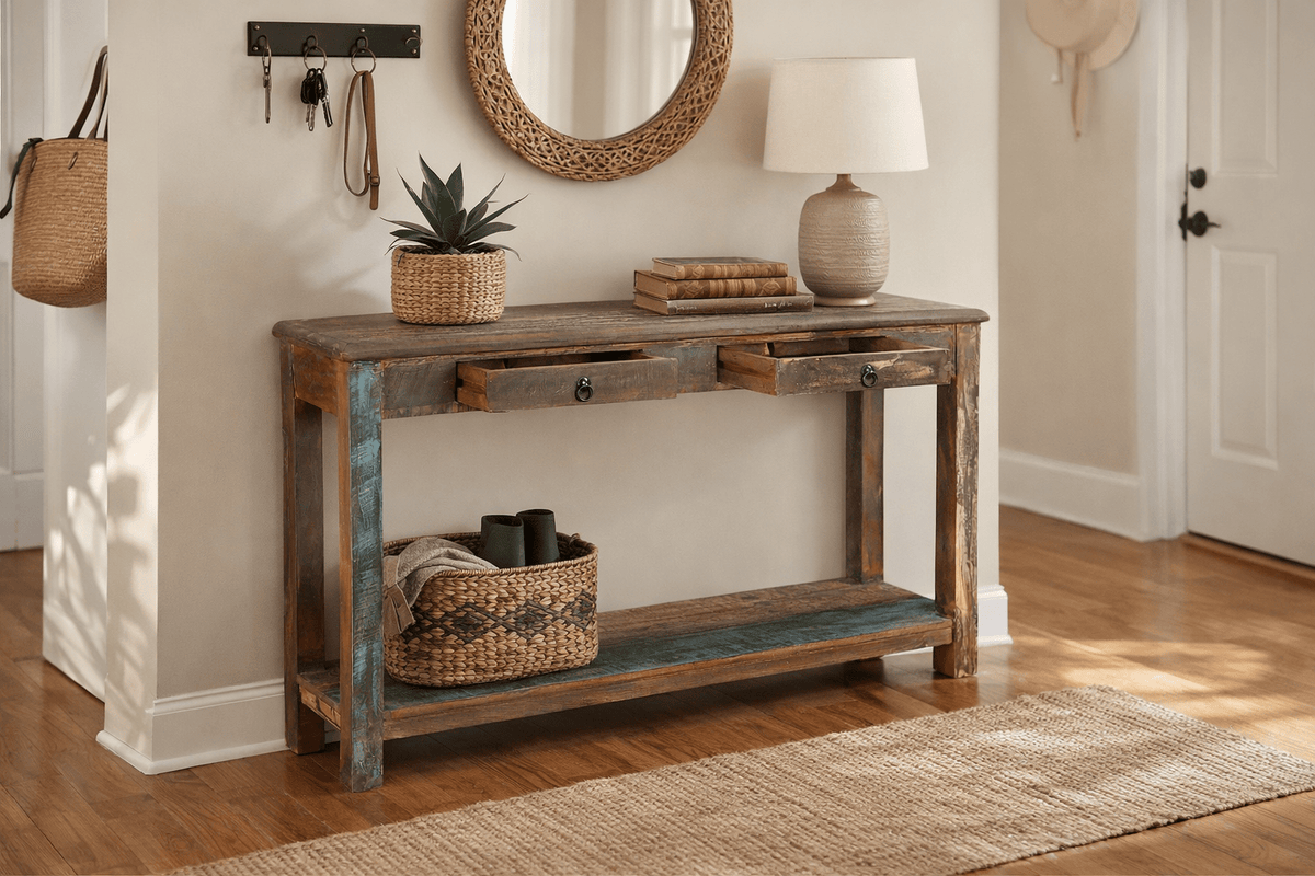 Artisan reclaimed console table crafted from salvaged Indian railway saal timber for an estate corridor at Home Man Cave