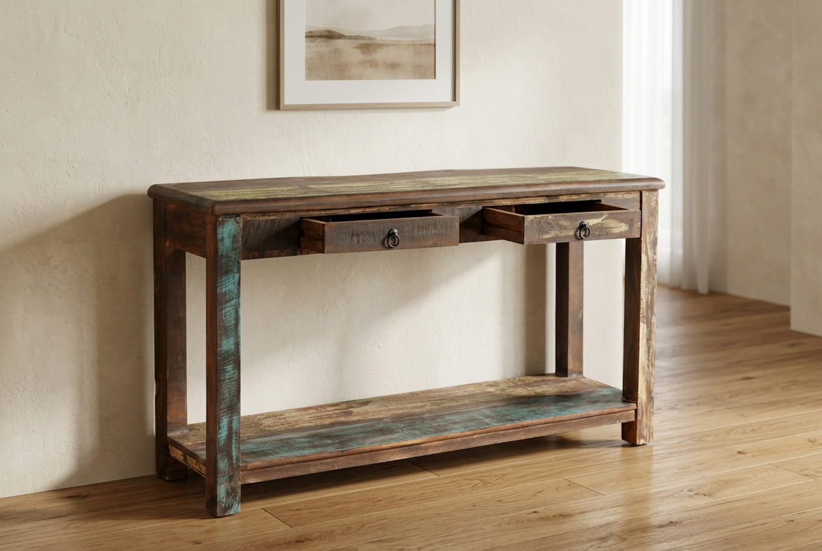Artisan reclaimed console table built with dual pull-out storage drawers, hand-forged iron pulls, and lower display shelf